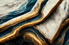 Luxury Marble Texture Background White, Blue And Gold. Natural Stone Color Material Pattern. Creative Art.