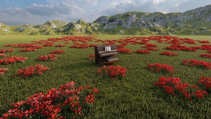 piano with nature background 3d render