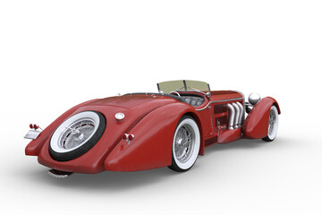 Poster - Rear view of 1920s vintage concept convertible roadster sports car with red paintwork and whitewall tyres. 3D rendering isolated on white.