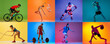 © master1305 - Sport collage of professional athletes isolated on colorful background in neon. Cycling, gymnastics, hockey, mma, fitness, soccer, basketball and weightlifting.