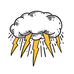 Rainy cloud with lightning. Hand drawn colorful engraving style vector illustration.