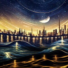 Wall Mural - futuristic seascape and moon night city blurred light under dramatic starry blue sky star fall on br