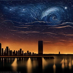 Wall Mural - futuristic seascape and moon night city blurred light under dramatic starry blue sky star fall on br