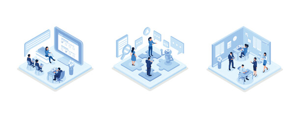 online survey or questionnaire concept, interaction between team and robot, people in coworking offi