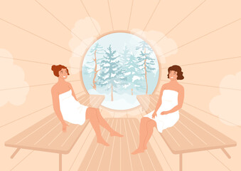 Females in barrel sauna with winter forest in window. Women wrapped in towels relax in round bathhouse. Luxury resort, spa on nature, wellness concept. Leisure healthy weekend. Vector illustration.