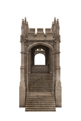 Poster - Steps leading up to an old stone medieval covered bridge. 3D illustration isolated.