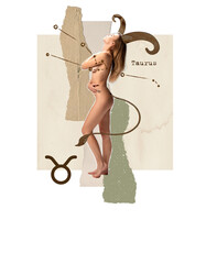 contemporary art collage. creative design. young tender, slim woman symbolizing taurus zodiac sign. 