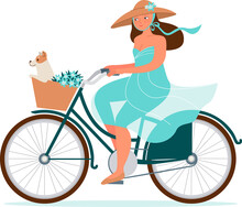 Romantic Lady Riding On A Vintage Bicycle With Her Dog In A Basket. Isolated Background
