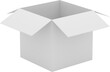 Blank white open box on transparent background. Photo realistic PNG clipart.