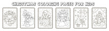 Set Of The Coloring Pages Outline. Cartoon Smiling Cute Santa Claus With Christmas Wreath, Gifts, Cat, Snowman, Deer With Christmas Three. Colorful Vector Illustration, Winters Coloring Book For Kids.