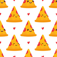 Wall Mural - Cute cartoon style pizza slice characters and red hearts vector seamless pattern background for food, fast food design.
