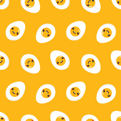 Wall Mural - Cute cartoon style smiling egg characters vector seamless pattern background. 