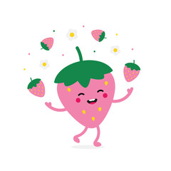Wall Mural - Cute happy cartoon style pink strawberry character juggling little strawberries and flowers.
 