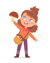 Child Holding Mushroom Vector Illustration. Cartoon Kid Picking Mushrooms In Basket, Happy Girl Enjoying Outdoor Nature