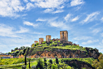 Wall Mural - Views from the Parque de la Retama of the castle of Alcalá de Guadaira in Seville, in blue sky and white clouds