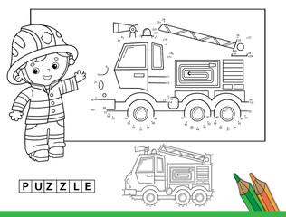 Wall Mural - Puzzle Game for kids: numbers game. Coloring Page Outline Of cartoon fire truck. Coloring Book for children.