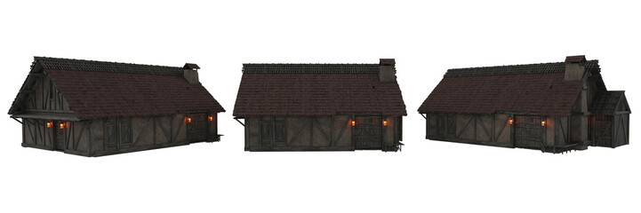Poster - Old medieval stone and wooden framed house in evening with lamp lights. 3D rendering, 3 views isolated.