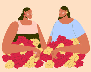 Ilustración en vector de dos mujeres morenas mexicanas indígenas sonrientes disfrutando artesanas con flores y platicando