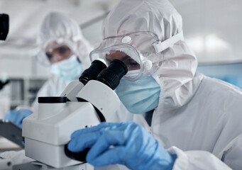 Poster - Hazmat suit scientist, microscope and laboratory research analysis, dna test and vaccine development of medical bacteria risk. Science expert team, chemistry workers and healthcare analytics with ppe