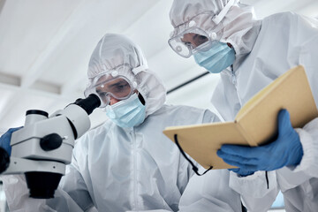 Scientists hazmat suit, microscope and laboratory research planning, dna test and corona virus vaccine development. Professional science team, medical workers and healthcare analysis in safety ppe