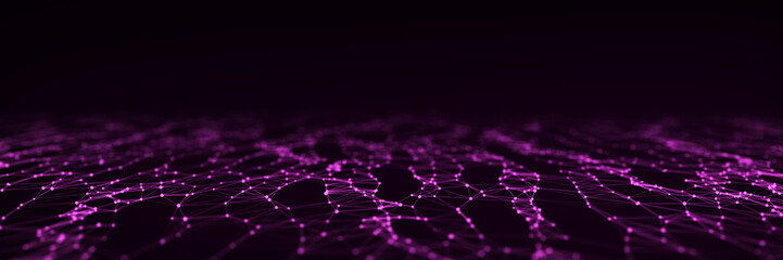 Abstract technology wave of particles. Big data visualization. Background with motion dots. Artificial intelligence.