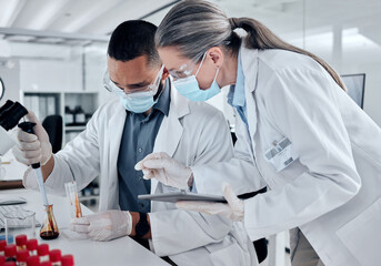 Poster - Science team, blood sample and dna analysis, laboratory research and medical investigation. Scientist collaboration, dropper and test tube for chemistry, medical genetics and healthcare covid vaccine