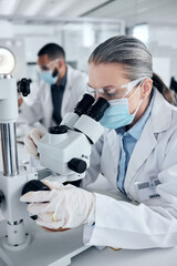 Aufkleber - Innovation, covid and scientist woman with microscope and ppe for science research development or test in laboratory. Expert worker with biotechnology analysis studying sample for medical healthcare
