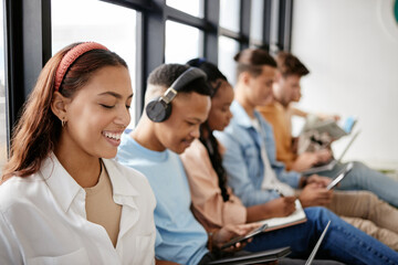 Canvas Print - Students internship, waiting room and application interview for internship, scholarship opportunity and HR recruitment. Happy youth, university and college friends relax on floor for education break