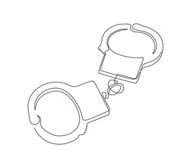 Wall Mural - Handcuffs in one continuous line drawing. Symbol of police justice and jail prison concept in simple linear style. True crime thin icon with editable stroke. Doodle vector illustration