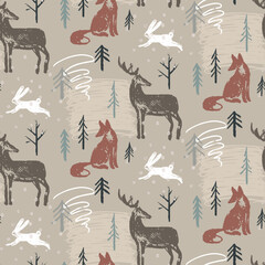 Wall Mural - Vector Christmas seamless pattern with hand drawn winter forest trees, animals, abstract texture. Vector endless background of new year symbols