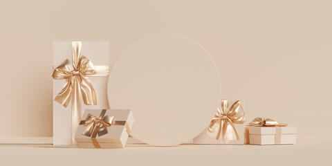 Wall Mural - 3D podium display, Christmas background for product presentation or text.  Gift box with gold ribbon. Beige birthday backdrop. Nude pedestal showcase.  Present Branding banner. 3D render mockup.