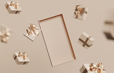 Wall Mural - 3D background display for product presentation or text.  Falling gift box with gold ribbon. Beige, nude pedestal showcase. Christmas or birthday present Branding banner. 3D render, shopping mockup.