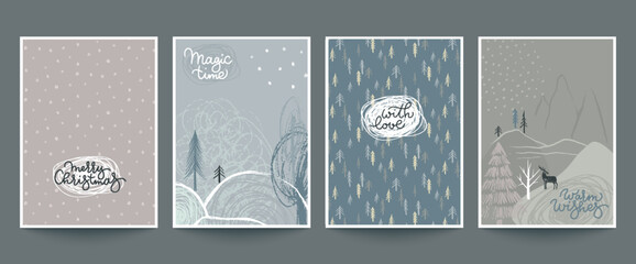 Collection of four trendy vector Christmas cards with hand drawn trees, animals, snowflakes and abstract texture