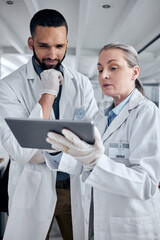 Aufkleber - Tablet, science and research with a man and woman scientist working on the internet in their laboratory. Innovation, technology and analytics with a medicine team at work in collaboration in the lab