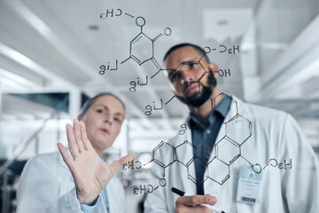 Aufkleber - Scientist team writing glass formula, planning particles and math innovation ideas in research laboratory. Science experts, chemical analytics development and molecule test solution notes on window