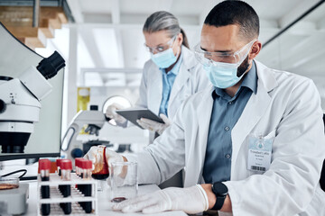 Poster - Science, blood sample and dna analysis, laboratory breakthrough and medical research. Professional scientist, red beaker and test tube for innovation, genetics and healthcare vaccine cure in medicine