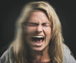 Mental health, bipolar woman shout and double exposure in dark studio for psychology mock up. Angry, frustrated and anxiety schizophrenia girl with trauma, depression or fear scream on black mockup