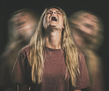 Horror, Anxiety Or Bipolar Woman Shout In Double Exposure On A Dark Studio For Psychology And Mental Health. Angry, Schizophrenia Or Depressed Frustrated Girl With Depression, Fear And Trauma Mockup