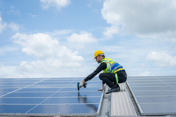 Poster - Technician checks and maintenance of the solar panel at solar power plant,Solar panels.