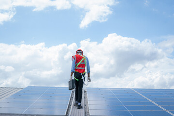 Aufkleber - Technician checking Solar panel on top roof,Sun energy,Solar panel, Alternative electricity source,Concept of sustainable resources.