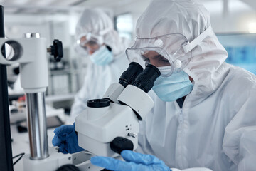 Poster - PPE, covid and DNA scientist with microscope research for science innovation, investigation and development in a test laboratory. Biotechnology people with analysis or studying medical sample in lab