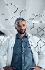 Wall Mural - Chemistry man, glass wall and formula writing in science laboratory for medical research, healthcare study and dna analytics. Thinking scientist with chemical compound analysis in vaccine innovation