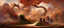 Enchanted Magic Kingdom Forest, Majestic Ancient Old Oak Trees Towering High Over The Mystical Woodland Glade In Warm Autumn Colors. Dreamy Surreal Fairytale Fantasy Art Illustration.