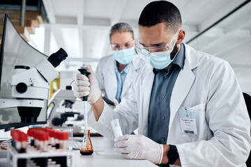 Aufkleber - Scientist, blood sample and dna analysis, laboratory research and medical investigation. Expert science staff team, dropper and test tube for chemistry, genetics and healthcare vaccine in medicine
