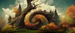 Enchanted magic kingdom forest, majestic ancient old oak tree spiral portal in mystical woodland glade, warm autumn colors. Dreamy surreal fairytale fantasy art illustration.