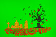 Halloween Tree with Orange Pumpkins on the green screen background.