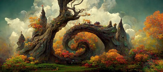 Wall Mural - Enchanted magic kingdom forest, majestic ancient old oak tree spiral portal in mystical woodland glade, warm autumn colors. Dreamy surreal fairytale fantasy art illustration.