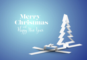 Wall Mural - merry christmas card with a white tree and gift box made from paper stripes
