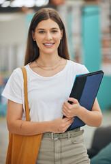 Wall Mural - Young woman, college student portrait and university campus for learning, school studying and higher education knowledge in Canada. Happy, proud and motivation of gen z youth portrait with notebooks