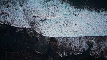 Beautiful Aerial Drone Shot Of Deep Blue Sea And Coastal Area Of Reunion Island With Waves Crashing At Rocks While Sunset